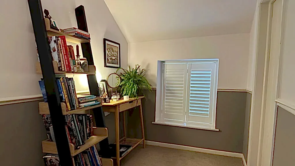 nancy myers aesthetic plantation shutter landing in a home in northern ireland modern decor